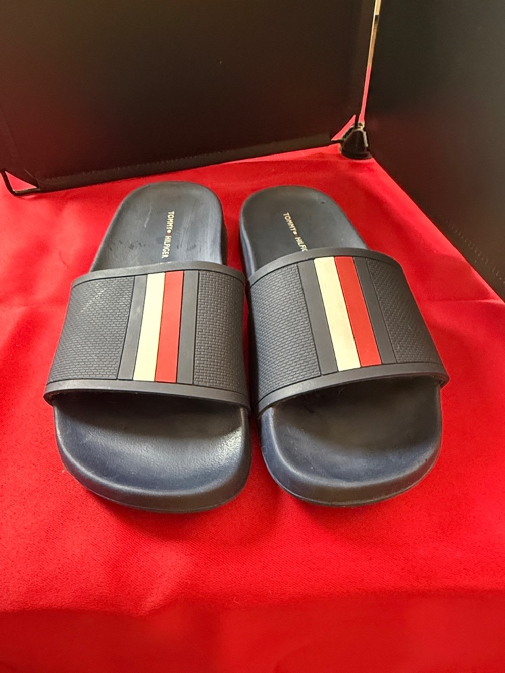Tommy Hilfiger Navy Slide Sandals with Red and Cream Stripes